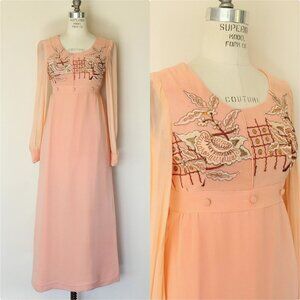 Vintage 1960s Dress, Peach Maxidress with Asian Inspired Embroidery